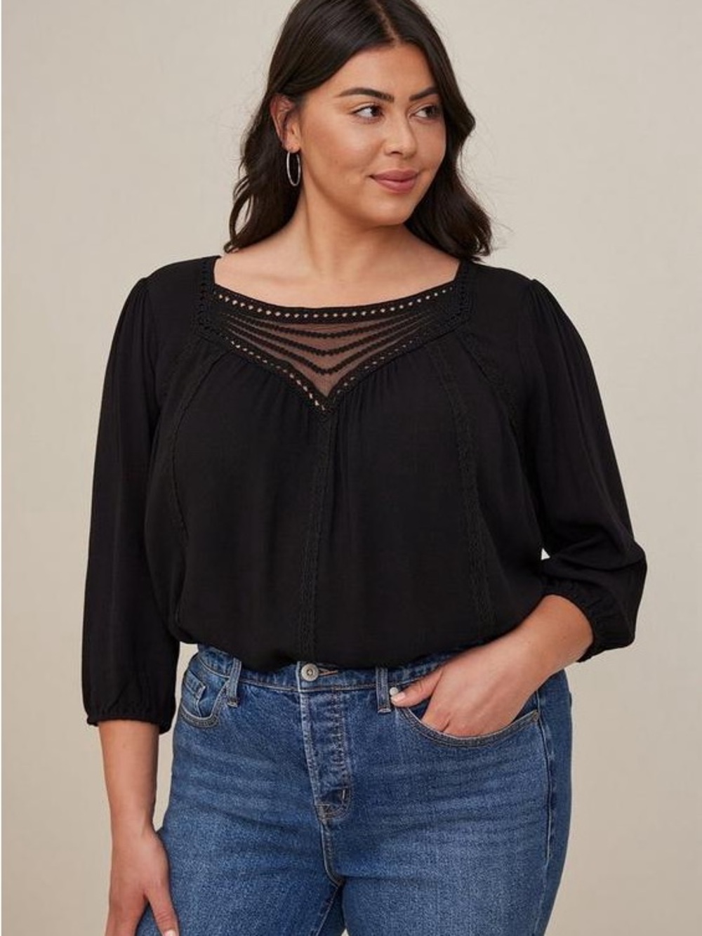 Torrid Black Gauze Embroidered and Crochet Trim Top 2x